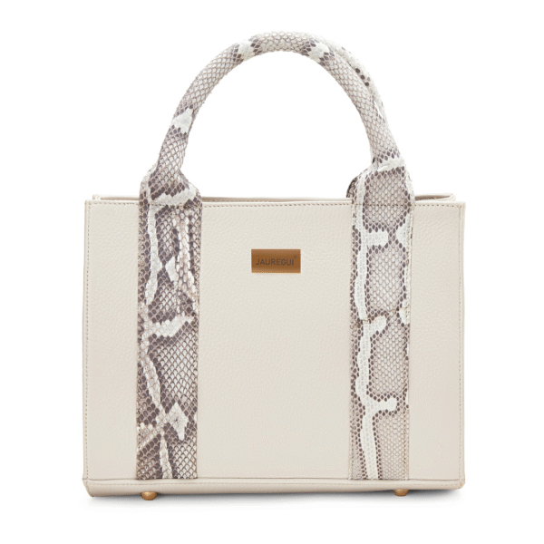 Bolsa tote mini para dama en piel de pitón gris con cuerpo en piel beige
