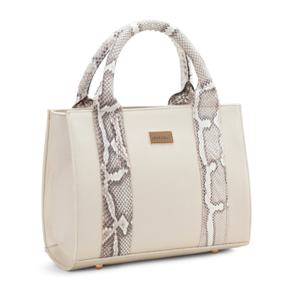 Bolsa tote mini para dama en piel de pitón gris con cuerpo en piel beige